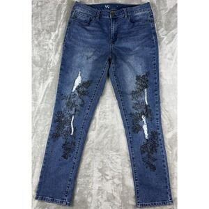 D2 Women's Distressed Floral Lace Jeans Size 12 Blue Stretch Denim